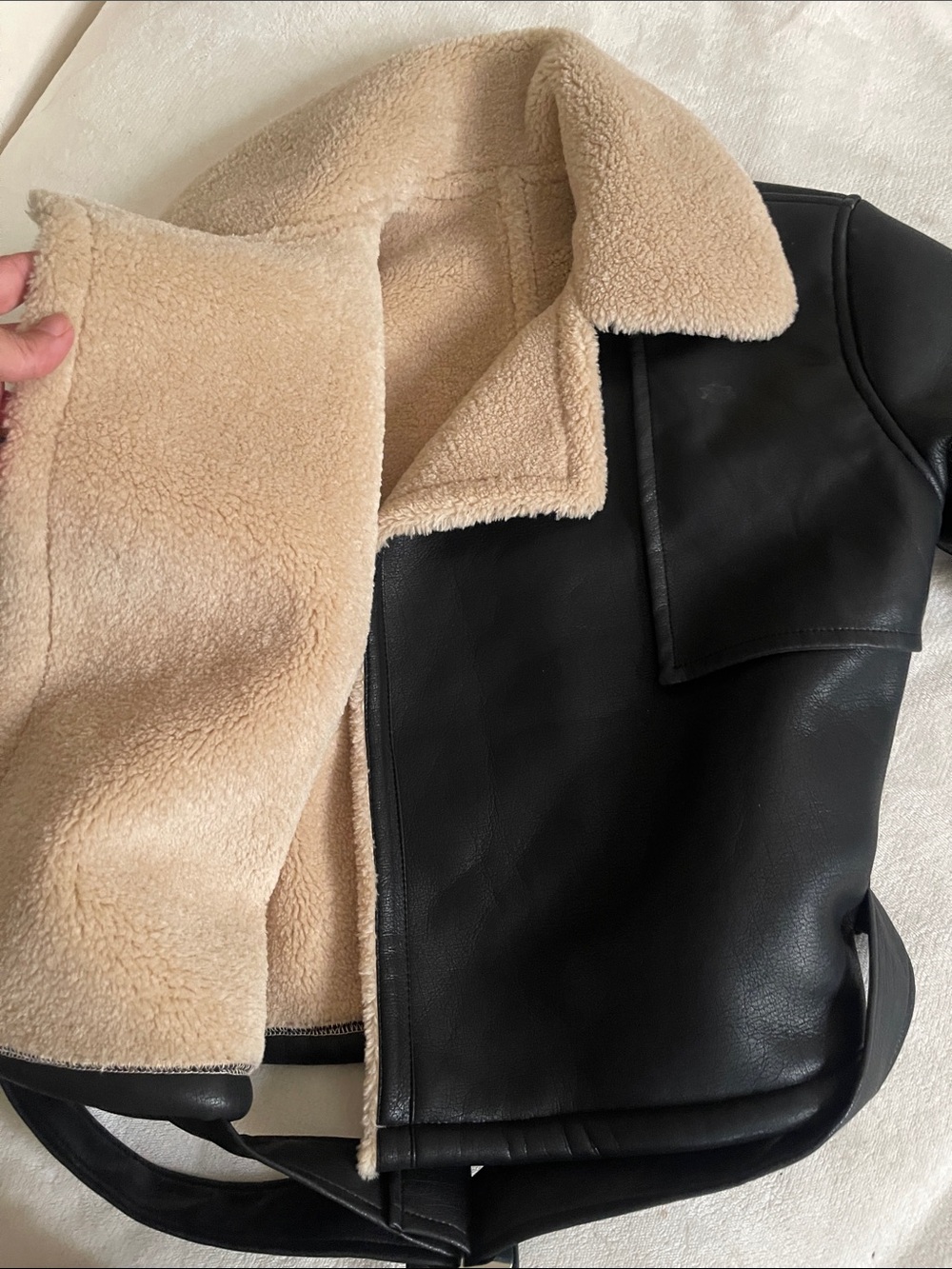 Commense Black Faux Leather Biker Jacket with Cream Shearling Collar - Picture 4 of 9